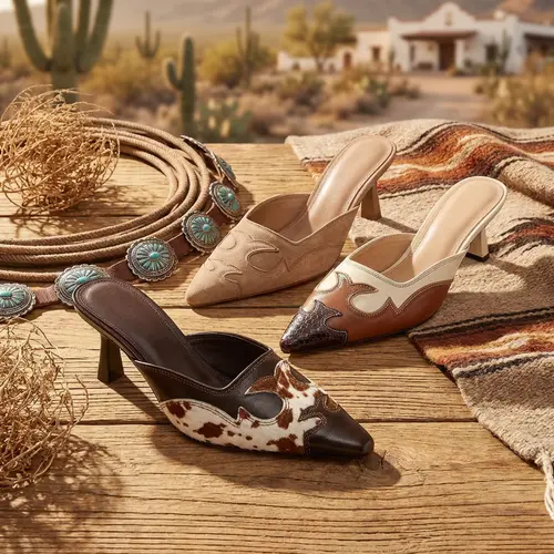 Women's Western Kitten Heel Pointed Toe Mules - PU Leather, Cow Print/Faux Suede/Snake Patterns, Cushion Pads, Leg-Length Look Women's Shoes, Pu Leather Mules, Kitten Heels
