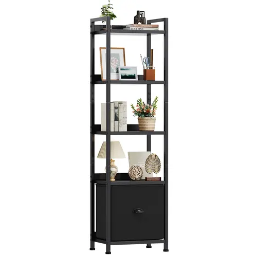 Sweetcrispy Rustic Corner Bookshelf - Tall Narrow Wood-Metal Layered Shelf with Removable Fabric Drawer, Slim Room Decor, Space-Saving Small Bedroom Furniture, Shelves for Storage Organization, Small Room Organization Products