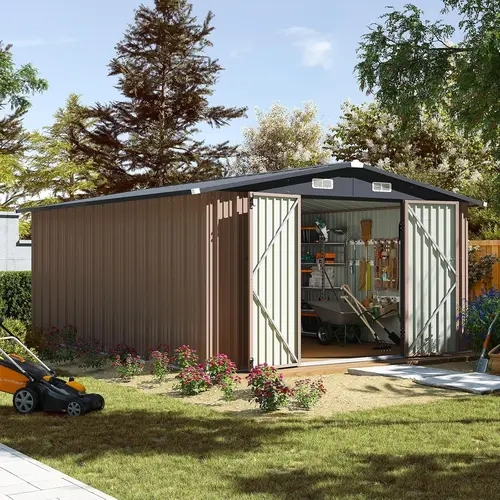 Aoxun Heavy Duty Galvanized Steel Garden Storage Shed (6x4/10x8/10'x12' Black/Brown) - Heavy Duty Shed, Metal Outdoor Shelter with Lockable Double Doors, Backyard Organizing Tools and Equipment Holder for Secure Storage, Garden Storage Sheds