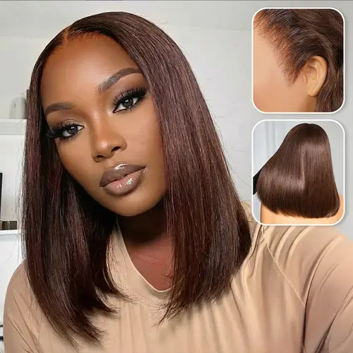 Megalook Bob Wig 13x6 HD Lace Front Straight Short Bob Wigs #2P427 Highlight/Cholocate Brown/ Natural Black Color for Women Short Cut Virgin Human Hair