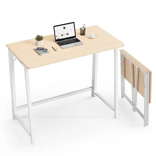 Sweetcrispy 31.5in Foldable Computer Desk - Desk for Bedroom, Compact Modern Office Writing Workstation, Steel Frame, P2 Particle Material, Easy Setup, Oak Finish, Small Home Office Furniture