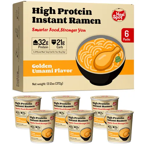 Healspot Healthy Asian Ramen Cups - 6 Refrigerated Non-Fried Low Carb Cups, 32g Plant-Based Protein (Pea Protein, Vital Wheat Gluten), Golden Umami Flavor Instant Pantry Food