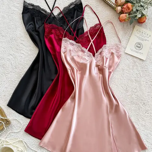 Women's Embroidered Lace Satin Sexy Sleepwear Set, Womenswear Adjustable Thin Straps Nightgown Chemise with Lingerie, Comfortable All-Season Loungewear, Fitted Satin Pyjama Dress, Elegant, Elegance, Sleepwear Outfit