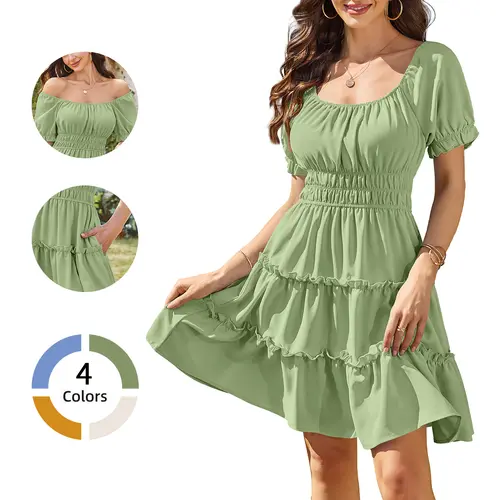 Chicovar Women's Boho Smocked Waist Mini Dress Puff Short Sleeve Tiered Ruffle Flowy Summer Beach Party Dress, Summervibes