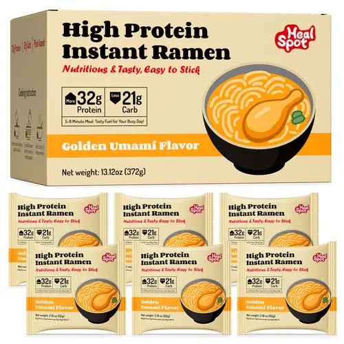 Healspot High Protein Instant Noodles, 6-Pack, 32g Plant Protein, Non-Fried, Low Carb, Golden Umami Flavor