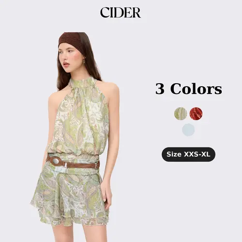 Cider Chiffon Paisley Halter Neckline Shirred Layered Mini Dress SummerWins SummerFinds