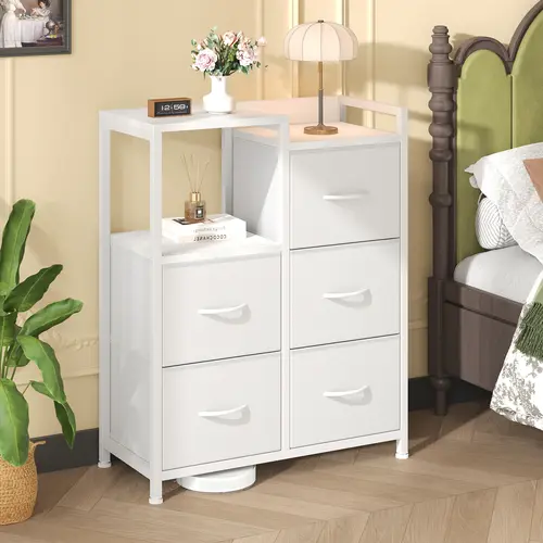 Sweetcrispy 5-Drawer Fabric Dresser with 2-Tier Shelf - White Modern Bedroom Furniture, Home Decor Household Item, Storage Organization Organizer Storage Sideboard Cabinet for Bedroom, Hallway