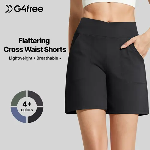 G4Free EverGoing Athletic Shorts for Women 6" Cross Waist Summer Casual Shorts with Pockets