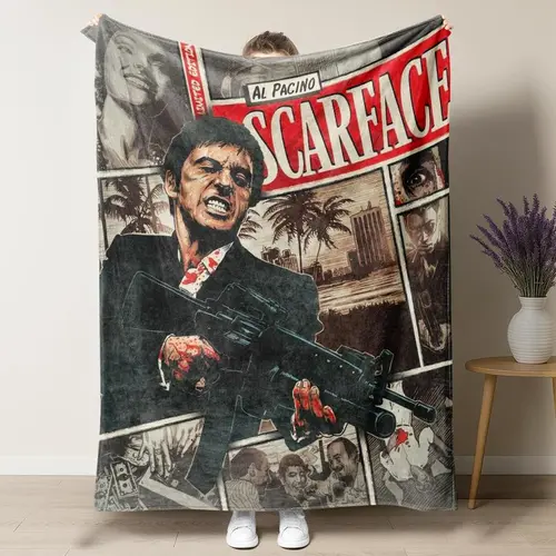 Scarface Retro Comic Collage Cooling Flannel Blanket - Premium Flannel Material, Tony Montana Miami Vibes, Action Scenes Design Throw for Gangster Movie Fans, Bed/Sofa Use, Gifting for Birthdays/Valentine's Day, Cooling Blankets
