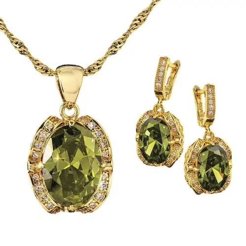 Women's Elegant Emerald Green Crystal 18K Gold Plated 2-Piece Jewelry Set - Emerald Necklaces & Earrings, Vintage Wedding Party Gift