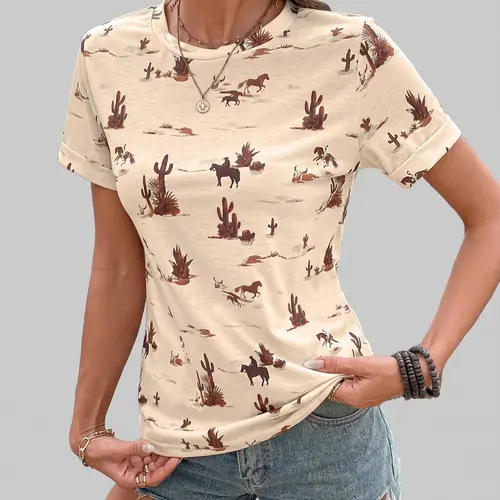 Shewin Women's Fitted Elastane Vintage Western Cactus Graphic T-Shirt - Casual Stretch Knit Pullover, Round Neck, Rolled Short Sleeve, Back-to-School Fashion Basics, Graphic Tops, Western Style Tops