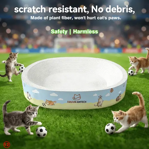 FANJUN-AMTECH Oval Large-Space Classic Freestanding Cardboard Cat Scratching Pad - Anti-Slip Reinforced, Non-Plastic Plant Fiber, Cartoon Print, Paper-Scraps-Free, Durable for Small Indoor Feline Play & Sleep, TikTokShopSummerSale, Durable For Play & Slee