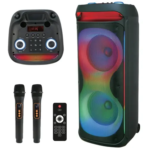 Portable Bluetooth PA Speaker, Rechargeable 200W+ Sound System with Dual 12in Woofers, 1.5in Tweeter, 2 Microphones, Remote Control, LED Light, USB Port, 10m Range for Smartphones or Tablets