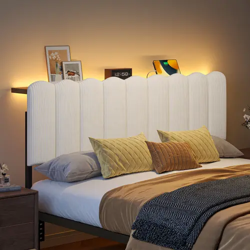 Pinmoco Smart Modern Beige Striped Upholstered LED Headboard (Velvet/PU Leather Options) - Memory Foam Feel, All-Metal Ergonomic Support, Storage Shelf, Type-C Phone Charge, USB Station, Fits Twin/Queen Beds, Small Space Bedroom Furniture (Headboard Only)