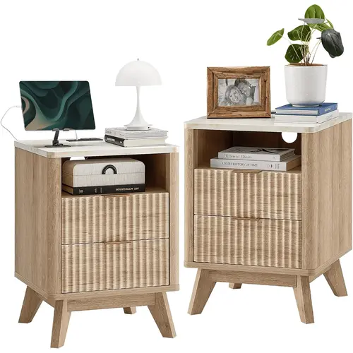 Sweetcrispy Modern Rustic Nightstand with Drawers - Assembled LED Lights, White Oak Tabletop, Particleboard Build, Storage Compartment, Quick Set-Up, Fits Most Beds, Home Decor, Bedroom Inspo, Pinterest Bedroom, Small Room Ideas Indoor Apartment Furniture