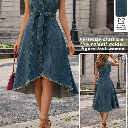 Women's Summer Vintage Waist Cinched Asymmetrical Hem Sleeveless Denim Dress, Front Button, Slim-Fitting Long Dress for Casual Dating & Daily Wear