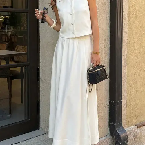 KAYWIDE  Fashion Plain Elegant Simple Minimalist Sleeveless Camisole Crop Button Top with Side Split Skirt Set, Casual Style, Natural Waist, Fitted Fit, Long Pants