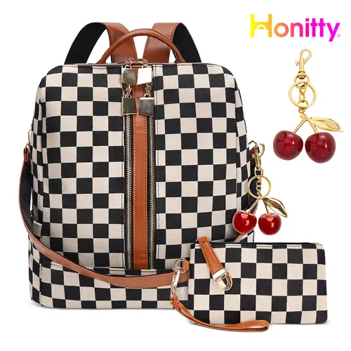HONITTY 2-Piece Retro Chic Checker Print Backpack Set - Cherry Keychain Included, Large Capacity Travel Bag with Wristlet, School Essentials for 2026, Aesthetic Backpack for College, Travel Gear for Students, Backpacks For School