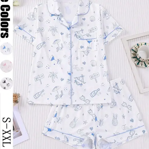 Women's Ocean Beach Printed Sleepwear Set, Short Sleeve Lapel Cardigan Top & Loose Elastic Shorts, Casual All-Season Home Wear, Pajama Set, Casual Pajamas Outfit, Pyjamas, Loungewear, Pjs, Womenswear, Homewear