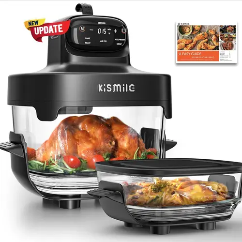 Upgrade! Kismile 5-in-1 Portable Glass Air Fryer, 2.6QT & 4.7QT Dual Glass Containers with Lids, 1500W Compact Smart Air Fryer Oven Multifunctional Cooker