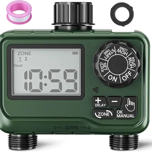 BN-LINK Outdoor 2-Zone Programmable Sprinkler Timer - Automatic Watering Device, Hose Attachment, Smart Water Timer Equipment, IP54 Waterproof, Rain-Pause Smart, Large LCD Manual Controller for Lawns, Gardens, Automatic Watering Devices