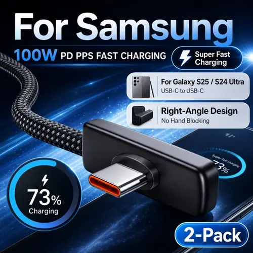 2-Pack 100W Right Angle USB-C to USB-C Cable for Samsung Galaxy S25 Ultra, S24 Ultra, S23 Ultra, PD PPS Fast Charging Braided Gaming Cord, No Hand Blocking