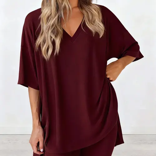 Women's Plus Size 2-Piece Knitting Pajama Set - Lightweight Cozy Oversized V-Neck T-Shirt & Biker Shorts, Casual Summer Loungewear with Relaxed Fit for Everyday Use, 2 Piece Sets, Plussize