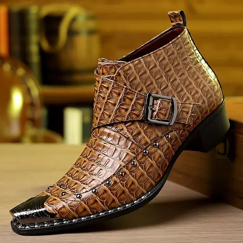 Men's Retro Metal Pointed-Toe Ankle Boots - Chunky Heel Buckle Chelsea Boots, European & American Style Fashion Shoe with PU Upper and Rubber Sole, Men's Footwear