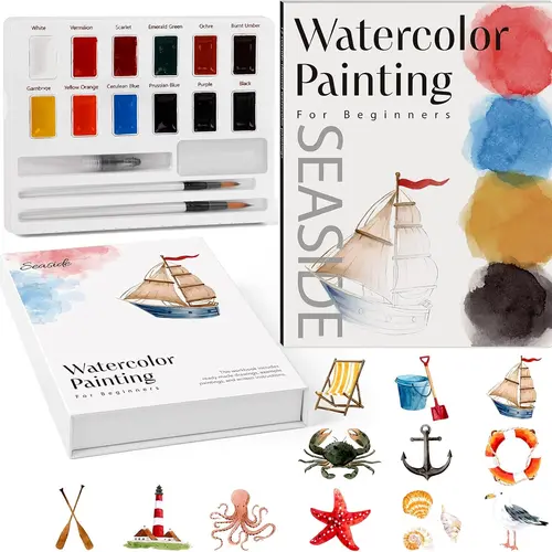 Torlam Beginner Watercolor Seaside Workbook & Art Kit - 12-Color Watercolor Painting Supplies, Lightweight Compact Arts and Crafts Set for Adults, Teens with Brush