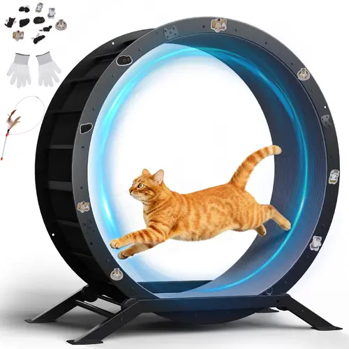 COMHOMA Cat Wheels, 40" Diameter, Large Cat Exercise Wheel for Indoor Cats Cat Treadmill Metal with Detachable Carpet & Teaser/Stickers Ultra-Quiet Scroll Wheel with Latch Safe and Stable Pet treadmill, ideal for small dogs and cats.