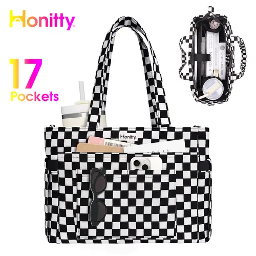 HONITTY Women's Corduroy Tote Bag - backtoschoolshopping, 17 Pockets, 15.6” Laptop Work Bag, 40oz Cup Holder, Adjustable Strap, Zippered for College Office Use