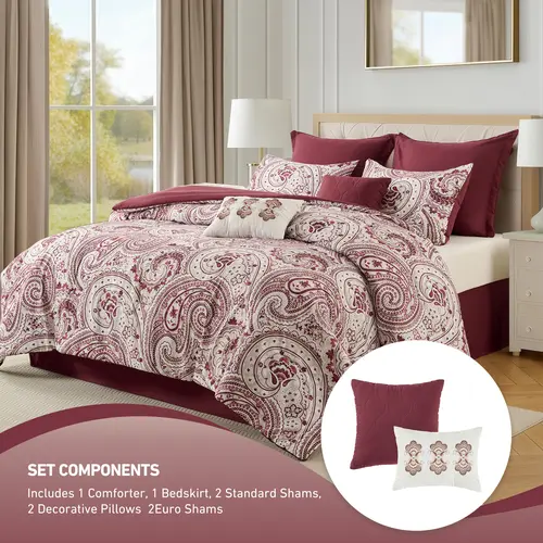Queen 8-Piece Paisley Print Bed Comforter Set - Hypoallergenic, Machine Washable Quilt Bedding Set with Embroidered Accent, 15" Clean Skirt, Vacuum Sealed for Home Bedroom Decor