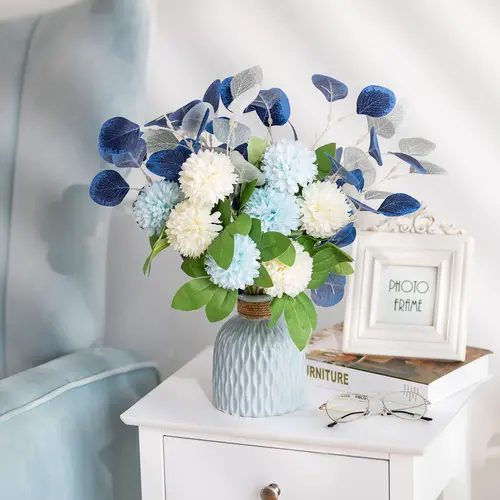 Fake Flowers in Vase Decoration Artificial Silk Flower Bouquet with Vases for Table Centrepiece Decor Blue Ceramic Vase Faux Floral Arrangement Display for Garden Wedding Party Living Room Window