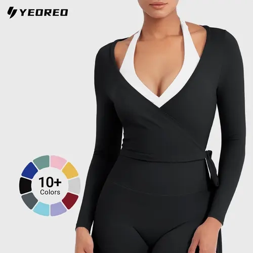 YEOREO Women's Flattering V-Neck Wrap Crop Long Sleeve Yoga Shirt - Breathable Slim Fit Athleisure Top, Gym Workout Shirts, Workout Tops, Size M for Pilates