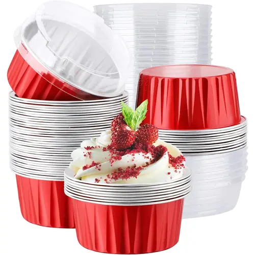 Disposable Aluminum Foil Ramekin Cups with Lids, 30pcs 5oz/125ml Baking Liners - Baking Tools for Batch Baking, Parties, Home Festive Disposable Tableware Accessories, Utensils