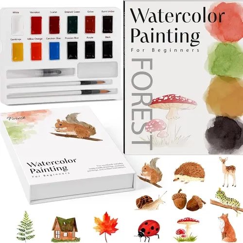 Torlam Portable Watercolor Forest Book - Premium Smooth Watercolor Paper, 12-Color Paint Set, Brush, Arts Crafts Supplies for Classroom, Beginner DIY Art Painting Kit for Teens,familyfun
