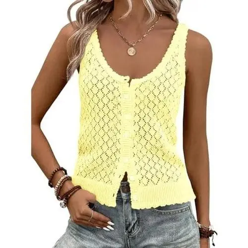 Fisoew Women's Sleeveless Stitch Crochet Cardigan - Button-Down Boho Knit Vest Tops with Skinny Fit, Smooth Fabric, Chic Denim Accents for Summer Going Out, Birthday, Skirts, Cotton, Comfy, Elegance, Breathable