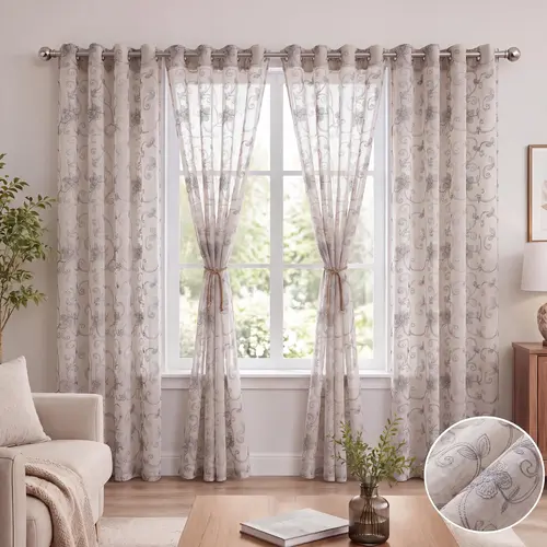 4-Panel Faux Linen Grommet Curtains (52"x90"), Luxury Long Curtains with Allover Floral Embroidery, Breathable Hand Wash Only Drapes for Living Room & Bedroom Home Decor, FT2988 Summer Gift