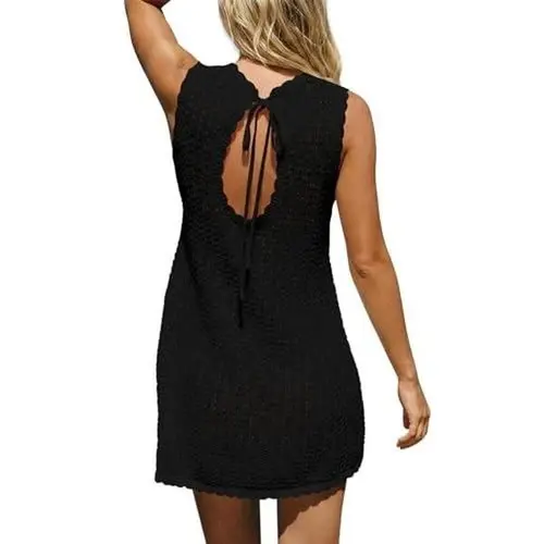 FISOEW Women's Beach Cover Ups - Chic High Round Neck Semi-Sheer Sleeveless Crochet Mini Dress, Female Wear, Breathable Fit, Bikini-Ready, Pairs with Swimsuits, Hand Wash Cold, Pairs With Bikinis Or Suits