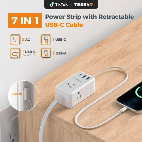 SummerGarden TESSAN Ultra Thin Flat Plug Power Strip with Retractable USB-C Cable, 20W PD Fast Charging, 5FT Extension Cord, 3 AC Outlets & 3 USB Ports for Cruise, Dorm & Home