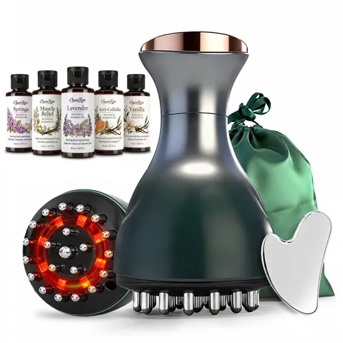 Professional Handheld Massager Kit - Battery-Powered Therapy Device with Heat, Batteries, 5 x 50ml Essential Oils (Lavender, Vanilla Warm Oil, Sore Muscle, Syringa, Cellulite-Smoothing), Traditional Gua Sha Tool for Daily Full Body Lymphatic Support