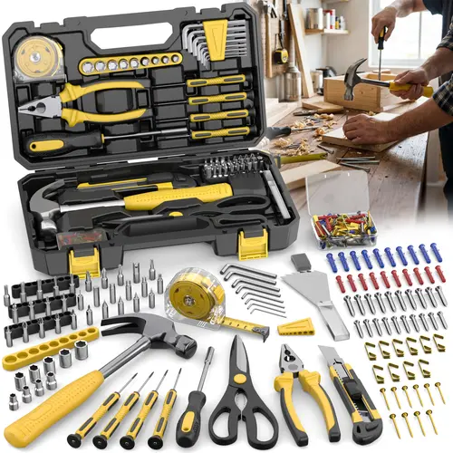 122PCS Home Work Tool Kit with Tool Box, Precision Screwdriver Kit, Utility Knife, Scissors, Tape Measure, Hammer, Internal Hex Wrench, Pliers - Gadgets for DIY Maintenance, Home, Garage Use