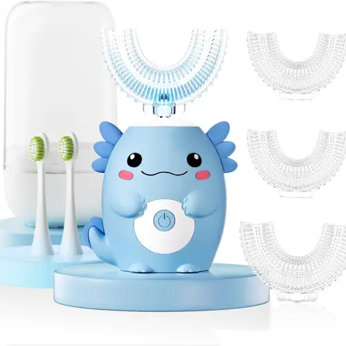 Kids Electric U-Shaped Toothbrush - Axolotl Cartoon Sonic Automatic Teeth Cleaning Tool with 6 Brush Heads, Full Mouth Coverage, 6 Cleaning Modes for Daily Care,back to school,back to school haul