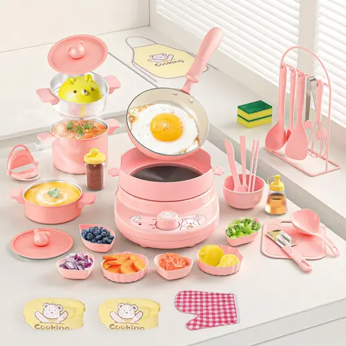8+ Girls' 34-Piece Real Pink Cooking Playset - Flame-Free Stainless Steel Miniature Cooking Set, Pans, Practical Life Skills Knife, Baking Gloves, Apron, Montessori Toy with Child-Safe Design, Auto-Shutoff