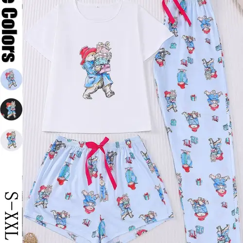3-Piece Casual Women Pjs Pajama Pyjamas Set Lounge Pajama Style with Padding Bear Print, Short Sleeve Button-Up Top and Loose Adjustable Shorts and Long Pants, Chic Comfortable Sleepwear & Loungewear for Everyday and Holiday