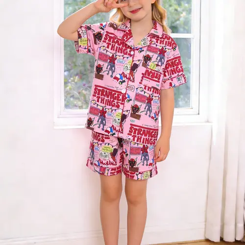 2-piece children's foundation make-up full of strange words cartoon printed pattern short sleeved shorts soft and comfortable skin friendly smooth top small pocket lapel design elastic waist casual home children's pajamas set Cartoon Print Sleepwear