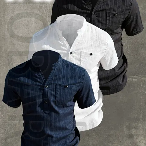 3Pcs Men's Summer V-Neck Short Sleeve Shirt - Lightweight Breathable, Basic Casual Solid Color Button-Up Casual Shirt with Stand Collar, with pockets, Machine Washable for Beach Vacation, Pool Party, Casual Attire & Casual Outings Shirt Summer Shirts