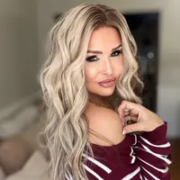 AISOM Selina Ash Blonde with Brown Lowlights Body Wave Free Part Lace Front Wig Low Density 120% Heat Friendly Synthetic Lace Wig for Women