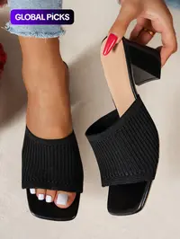 Korean Summer Knit High Heels, Commuter & Date Wear, Versatile Fashion Sandals, Elegant Classy Sandals, Classy Elevated Sandals, Textile Material Rubber Sole Chunky Heeled Sandals