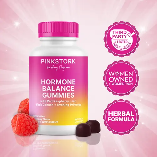 Pink Stork Hormone Balance Gummies for Women | PMS + Perimenopause | Red Raspberry Leaf, Black Cohosh, Vitamin C, Methylated Folate, Evening Primrose Oil | Vegan, Gluten-Free | Women Owned